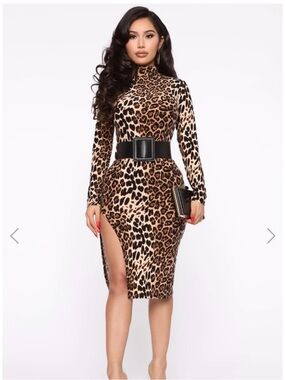 Fashion Nova Leopard Print Long Sleeve Midi Dress in Brown and Black